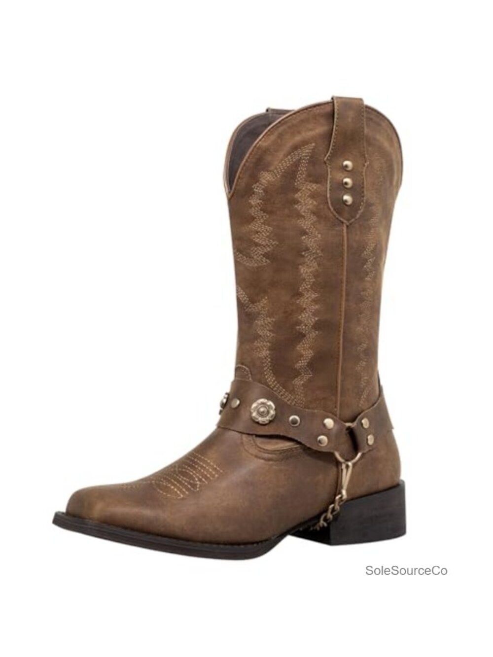 Women's Wide Calf Cowboy Boots Square Toe Western Harness Mid-Calf Faux Leather